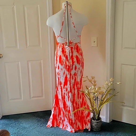 Orange and White Strappy Back Tie up Maxi Dress - Picture 3 of 4